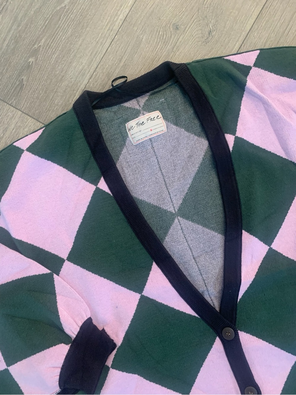 Free People We The Free Manny Green Pink Checkered Oversized Cardigan Sweater S - Picture 3 of 4